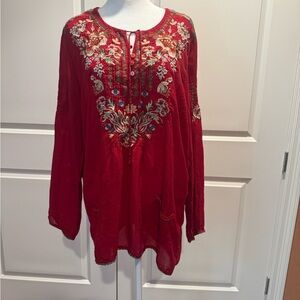 Johnny Was Red Embellished Long Sleeve Tunic